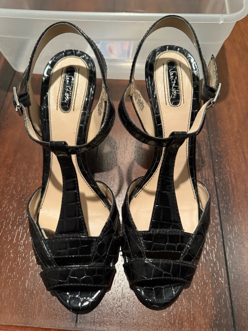 Black Croc-Embossed T-Strap Slingback Heels - Women